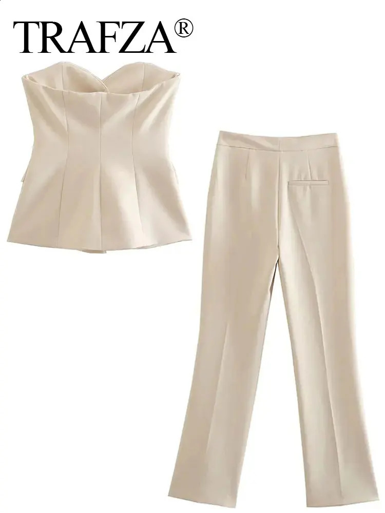 TRAFZA Women Elegant Solid Pant Suit Front Button Strapless Sexy Tank Tops Side Slit Trouser Female Fashion Streetwear Sets Y240829