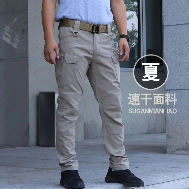 Summer Thin Loose Training Pants Man Sharkskin Soft Shell Quick Drying Rainy Day Outdoor Multiple Pockets Tactical Trousers 240812