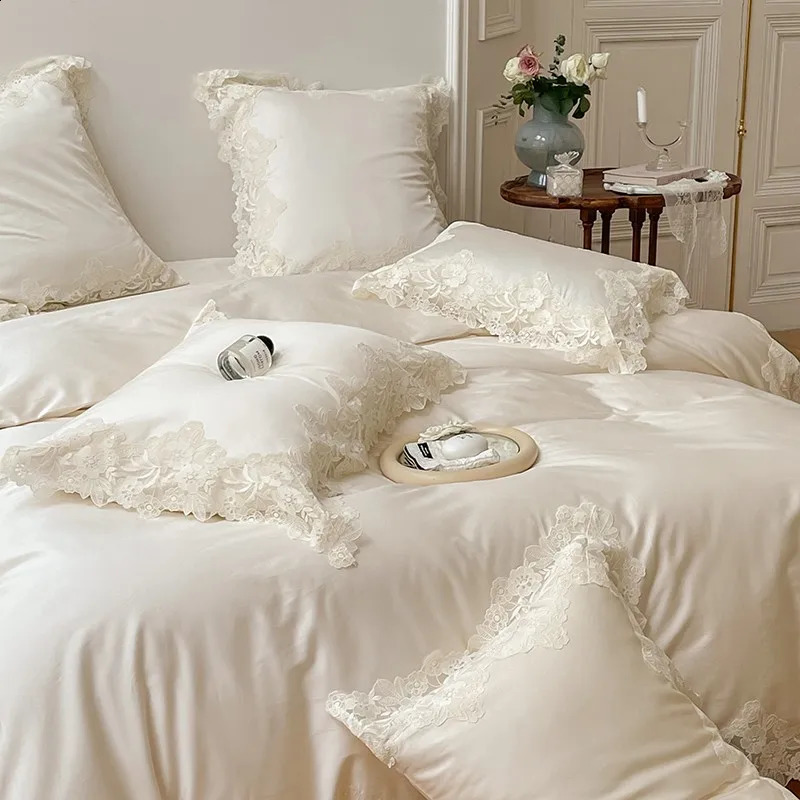 4/7Pcs French Romantic Wedding Chic White Lace Bedding Set 1000TC Egyptian Cotton Ultra Soft Duvet Cover Bed Sheet Pillowcases 240815