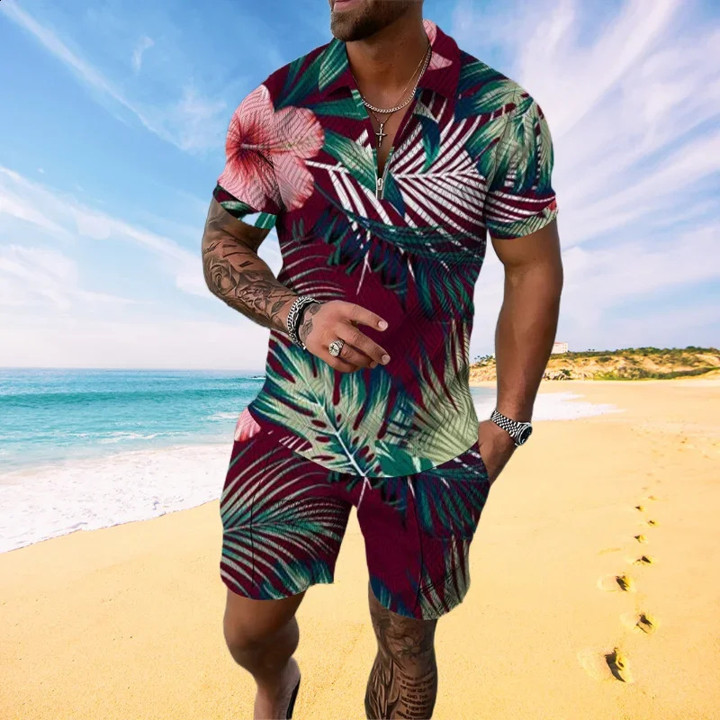 Summer Hawaiian mens track and field clothing 2-piece set 3D printed beach style Flora polo shirt and short sleeved mens polo shirt 240816