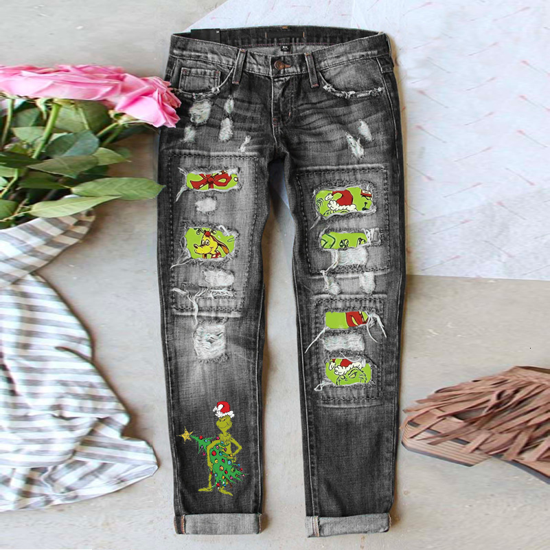 New distressed print casual straight waist women's water washed jeans