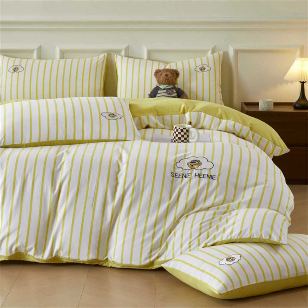 Cute Bear Bedding Set For Kids Girls Washed Cotton Stripe Duvet Cover Embroidery Bed Flat Sheet Set Queen King Four Piece SetsM240816