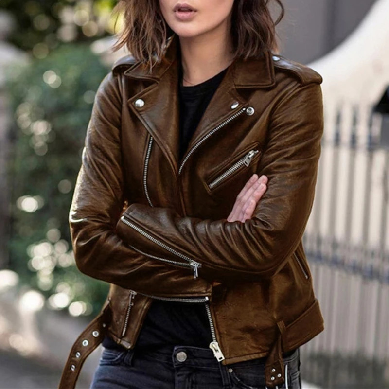 PU Faux Leather Jacket Women Slim Sashes Casual Biker Jackets Outwear Female Tops BF Style Black Coat 24