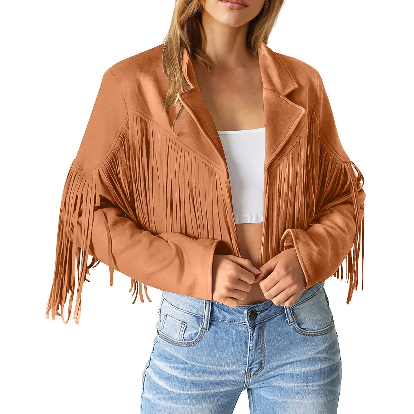 Elegant Cropped Jacket Womens Sexy Solid Color Tassels Scrub Leather Jackets Windproof Bomber Motorcycle Coats 240815