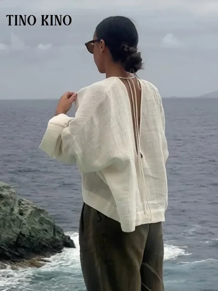 Casual lace backless womens shirt loose Vneck long sleeved pure cotton autumn item oversized vacation 240814