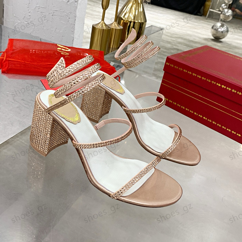 75mm Chunky Heel rhinestone Embellished sandals white Evening shoes Wraparound Dress shoe women high heeled Luxury Designers Factory shoes 35-42