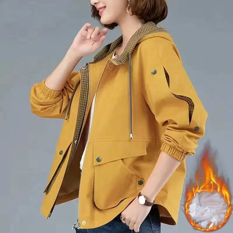 Womens short velvet autumn trench coat hooded casual plus size windproof top loose spring jacket womens M4XL 240814