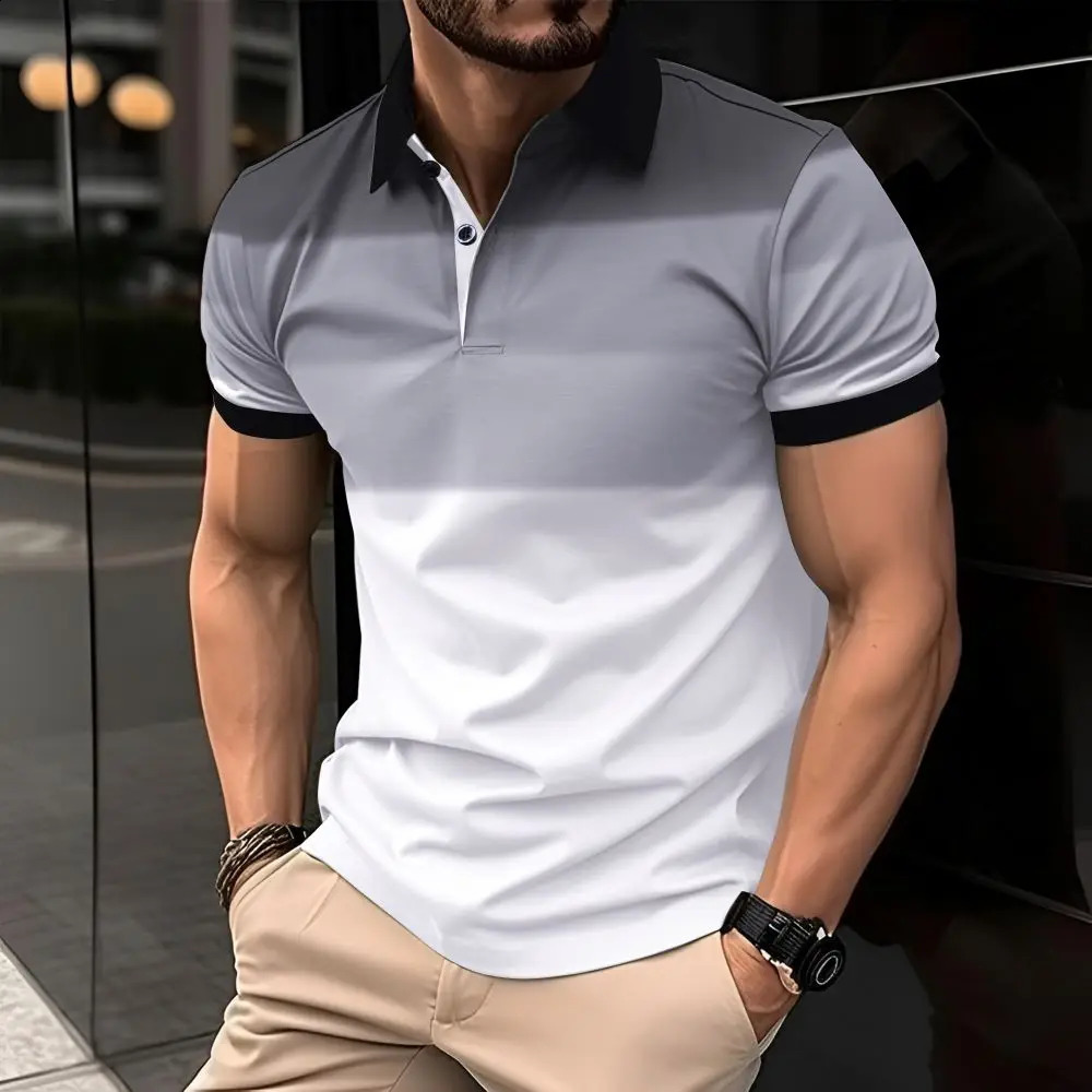 Mens polo shirt gradient casual style button short sleeved mens regular suitable for daily outdoor wear mens polo shirt 240816