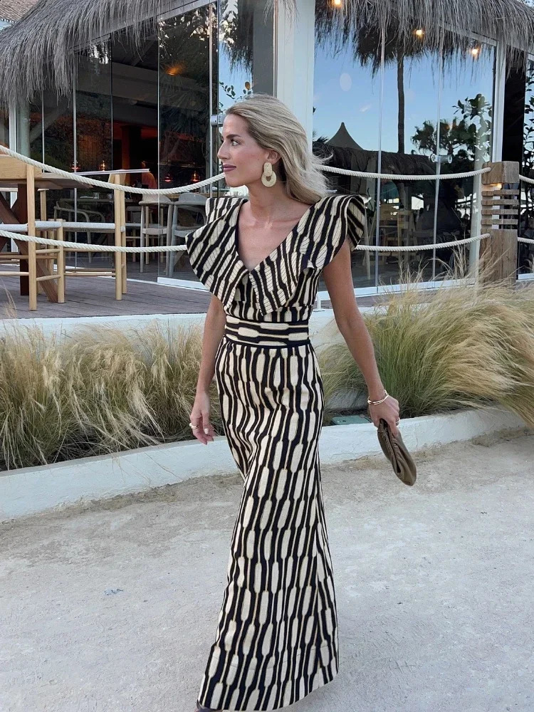Women Fahsion Print V Neck Flying Sleeves Top Suit Female Fashion High Waist Aline Skirt 2024 Summer Lady Street Outfits 240816