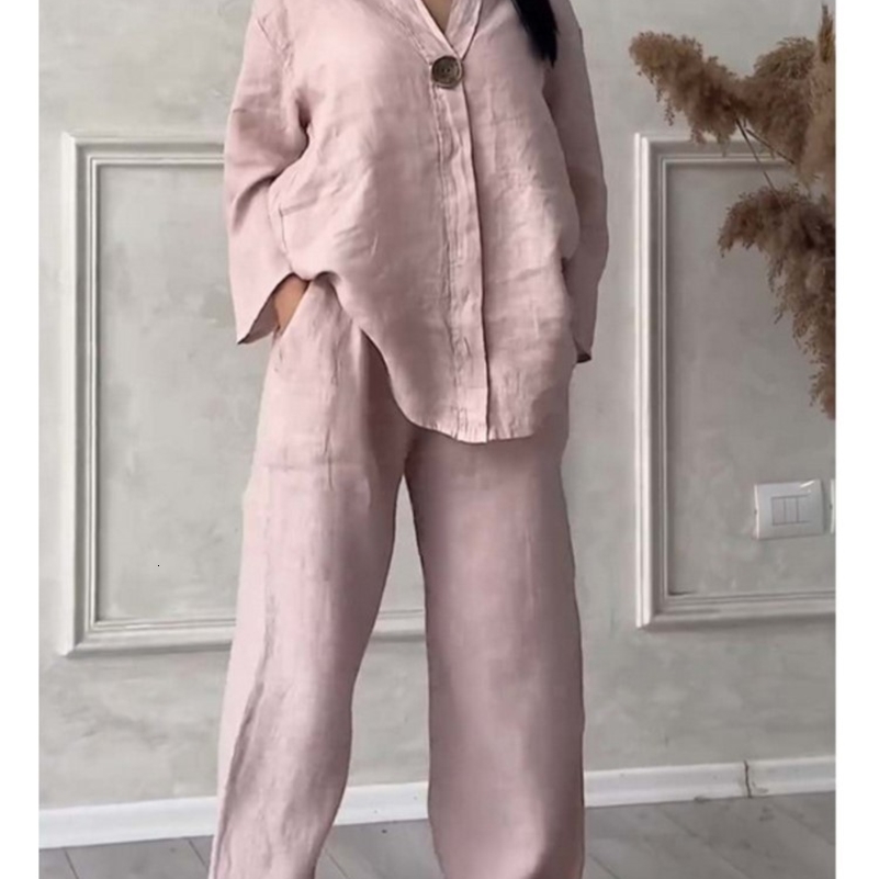 Spring Autumn Fashion Cotton And Linen Solid Two Piece Set Women Causal Loose Vneck Top Wide Leg Pants 2 Sets Woman y240815