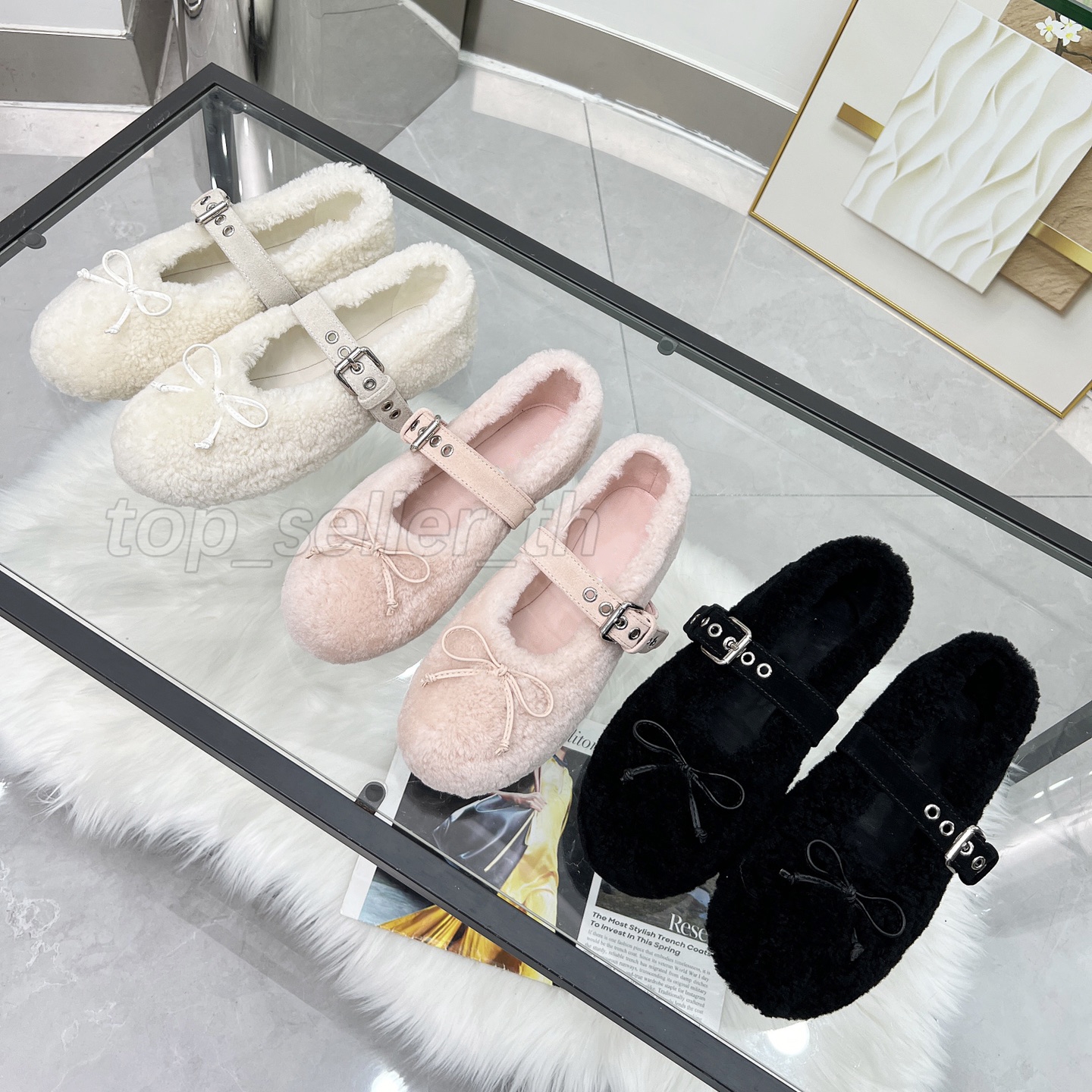 Bow Ballet Flats Designer Women Shoe Ballerina Shearling Ballets Shoe Dancer Adjustable Buckle Stretch Band Rubber Bottom Wool Slides Fur Winter Warm Ballerinas