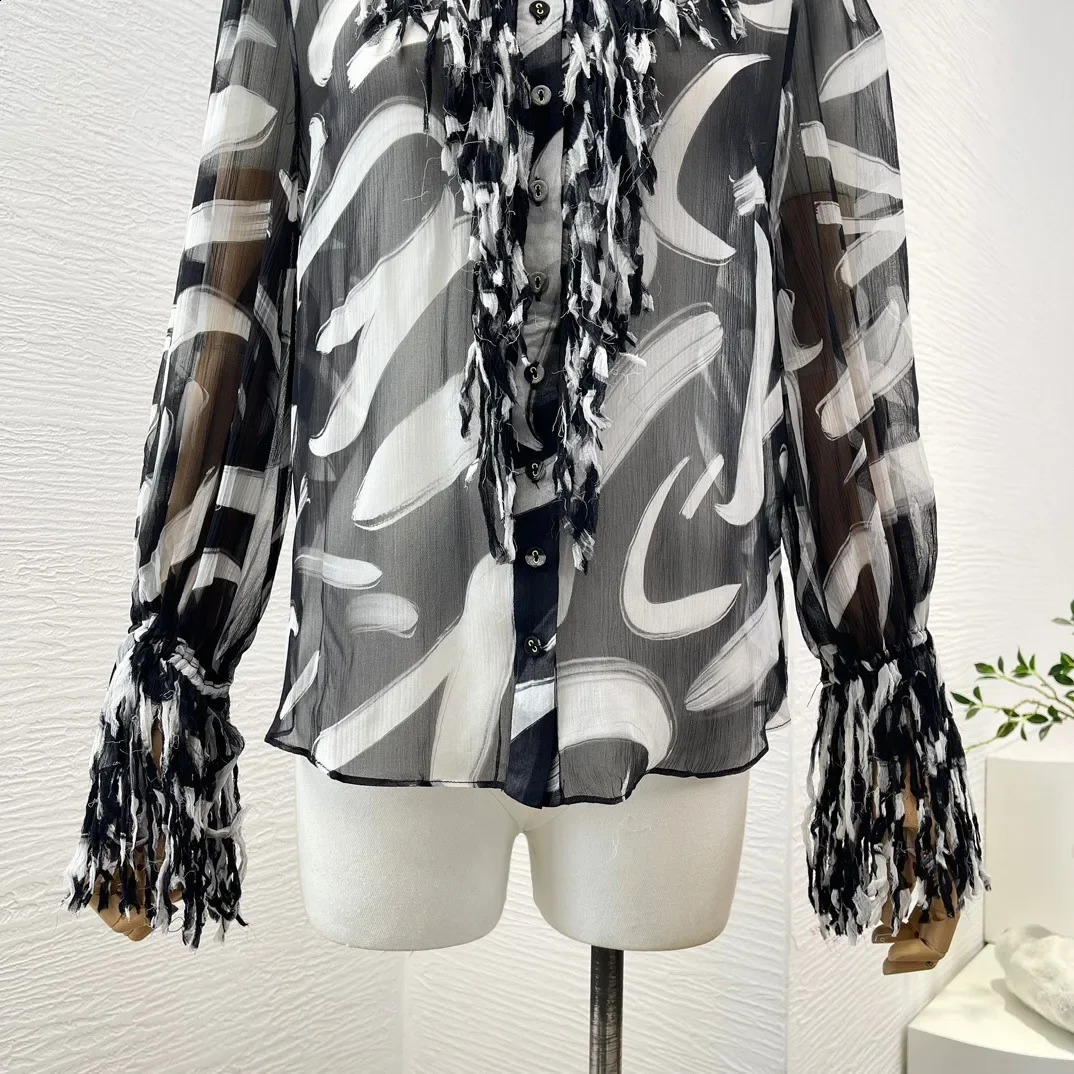 Pure silk highquality front button closed black and white handpainted long sleeved tassel womens shirt top 240814