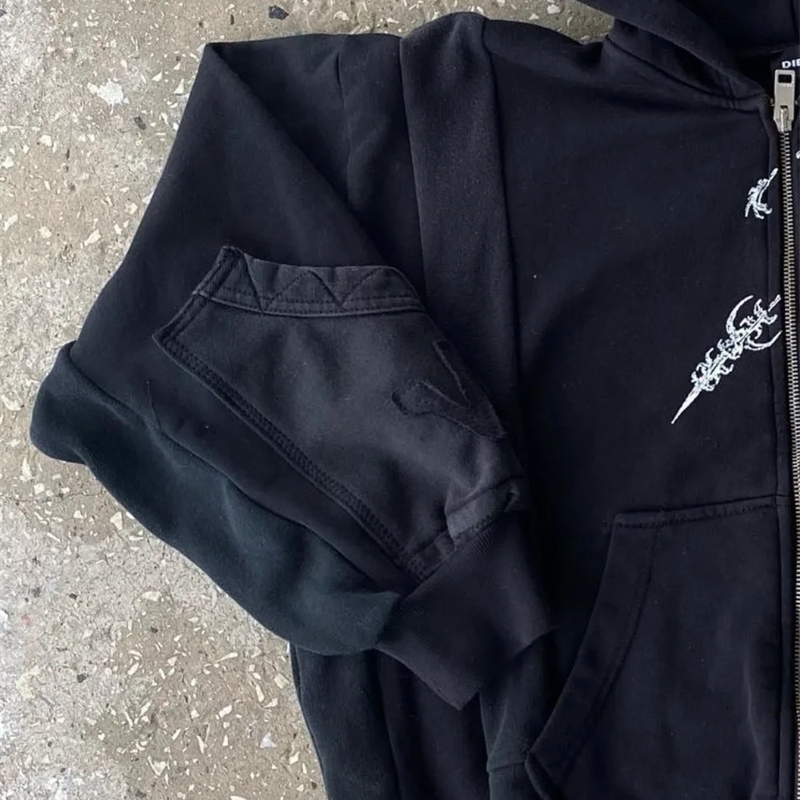 Vintage Zip Up Hoodie Y2K Harajuku Gothic Pattern Patchwork Sweatshirt Men Women Hip Hop Oversize Harajuku Casual Streetwear 240816