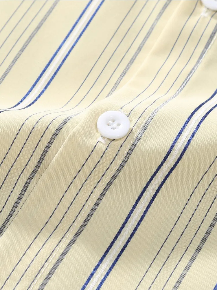 Mens Vertical Stripes Button Up Short Sleeves Casual Shirt Light Yellow Basic For Summer 240816