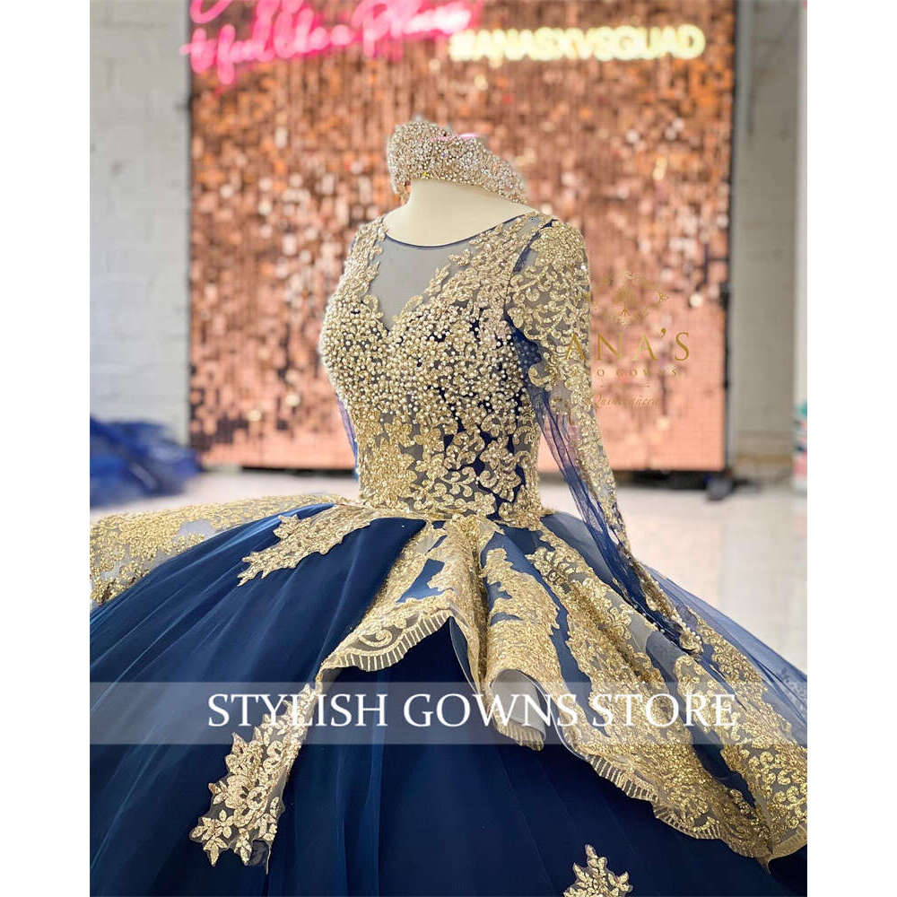 Princess Navy Blue Gold Lace Beaded Pearl Ball Gown Quinceanera Dresses Celebrity Party Prom Gowns Graduation Vestido De 15 Anos