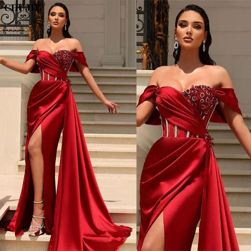 Elegant Evening Dress for Party Ball Gown Off Shoulder Satin Beaded Side Split Pleats Arabic Dubai Red Prom Gowns