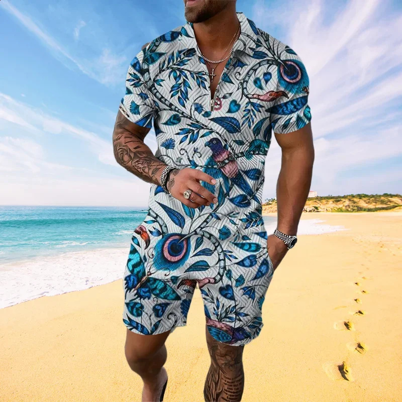 Summer Hawaiian mens track and field clothing 2-piece set 3D printed beach style Flora polo shirt and short sleeved mens polo shirt 240816