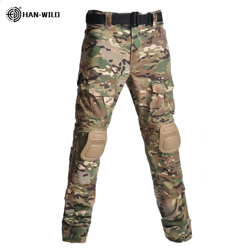 HAN WILD Men Airsoft Tactical Pant Combat Pants with Pads Camo Trousers Softair Cargo Paintball Hiking Climbing Clothes 240815