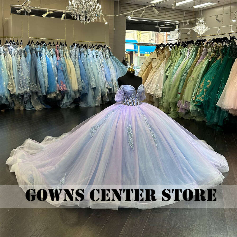 Eent Light Blue Butterflies Lace Appliques Off The Shoulder 15 Dress Quinceanera 2024 Ball Gown Corset Quince Dresses Lz0304