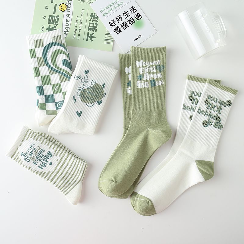 Ins Trendy Japanese Styles - Women's Long White and Green Sports Socks for Students