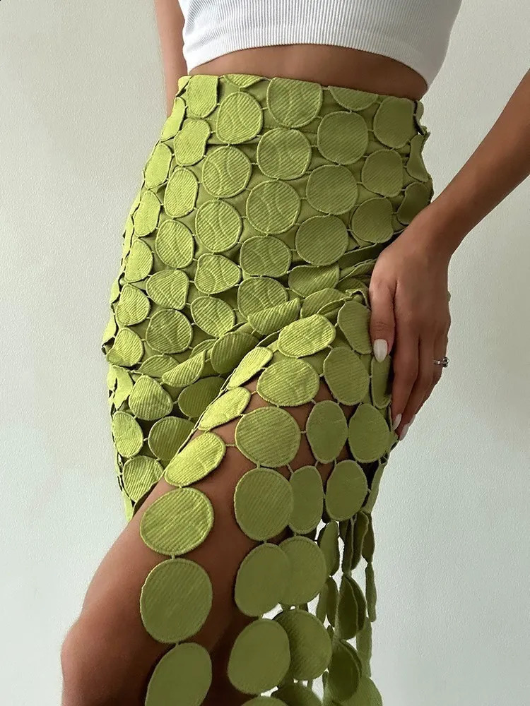 KBQ Dot Asymmetrical Solid Skirts For Women High Waist Slim A Line Tunic Irregular Split Spliced Tassel Skirt Female Fashion 240815
