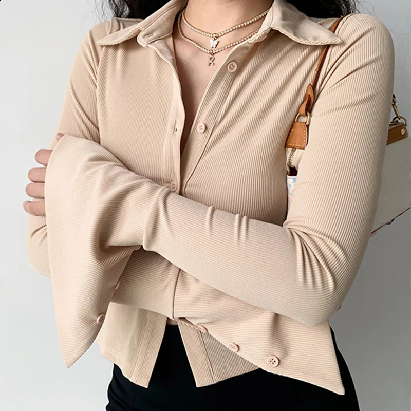 Blouses polo collar single breasted solid pullover five color womens slim fit long sleeved casual streetwear top 240814