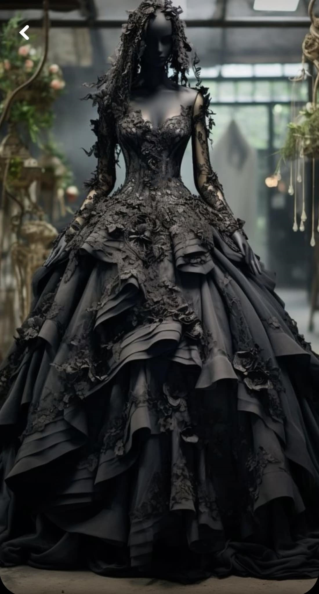 Elegant Gothic Black Wedding Dress with Long Sleeves & 3D ral Appliques for Brides - A-e Style Ruffle Tiered Vintage Women Dresses