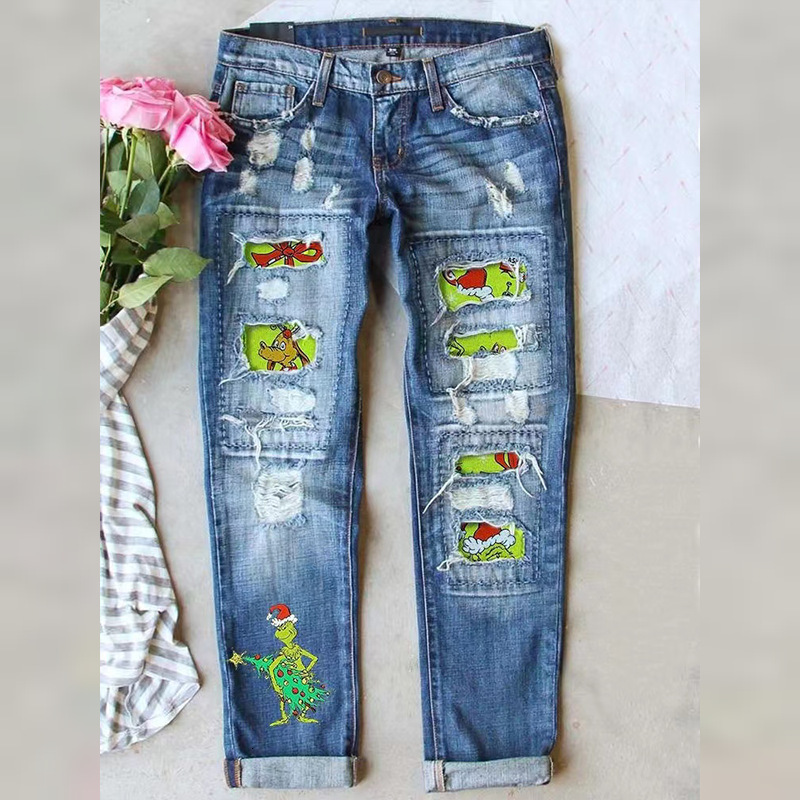 New distressed print casual straight waist women's water washed jeans