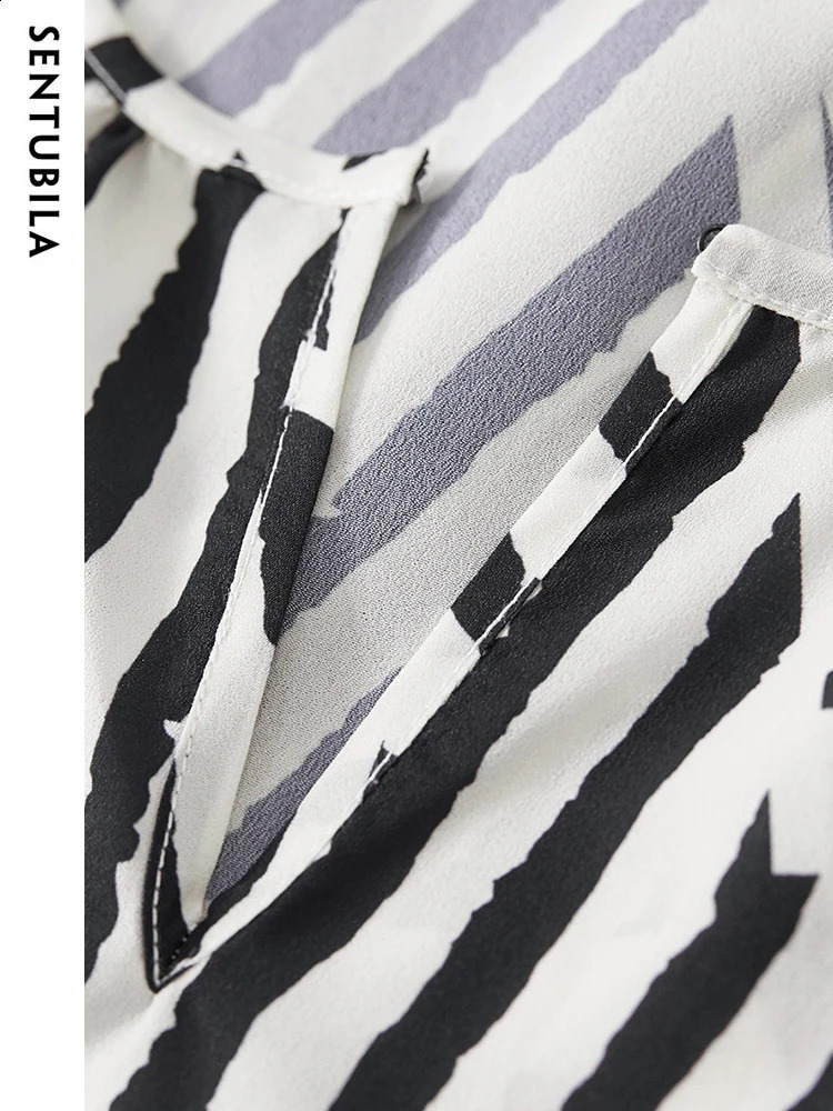 SENTUBILA Womens Elegant Printed Chiffon Top and Fashion Comparison Striped Round Neck Puff Sleeves Loose Autumn Shirt 240814