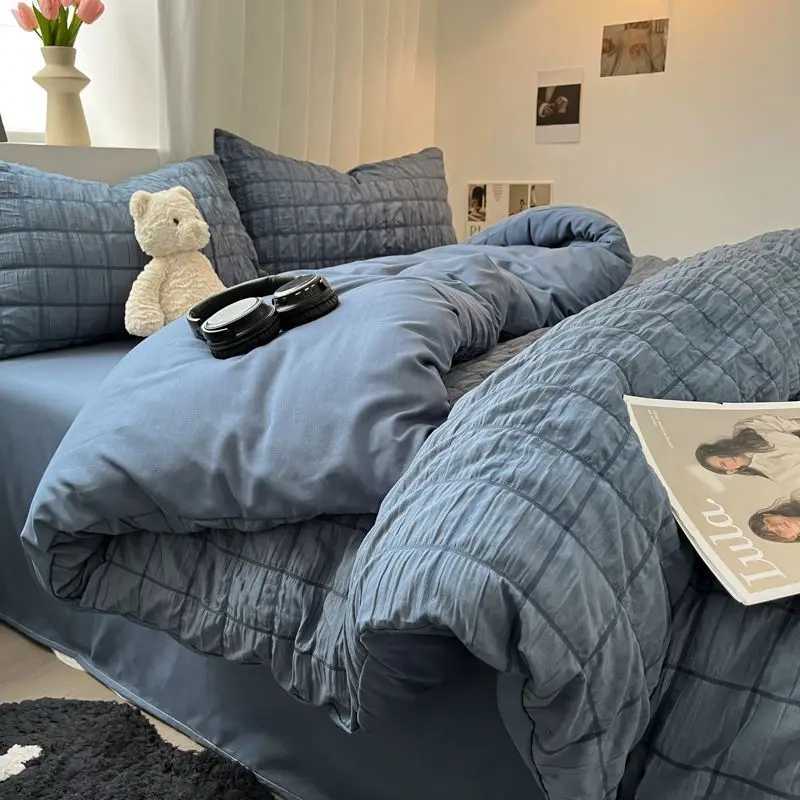 New Arrival Bedding Set Checkered Bubble Quilt Set Four Pieces Ins Korean High Quality Bedding Set Dormitory 3-Piece M241005
