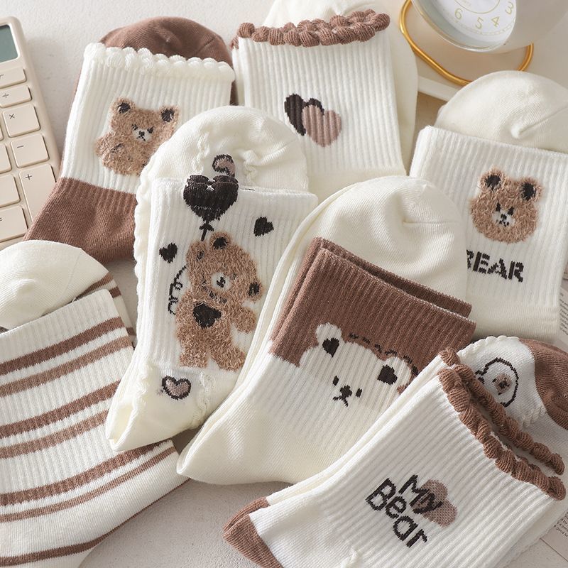 Coffee colored teddy bear socks children's mid tube ins trendy Korean version cotton socks Japanese cute student sports autumn and winter long so