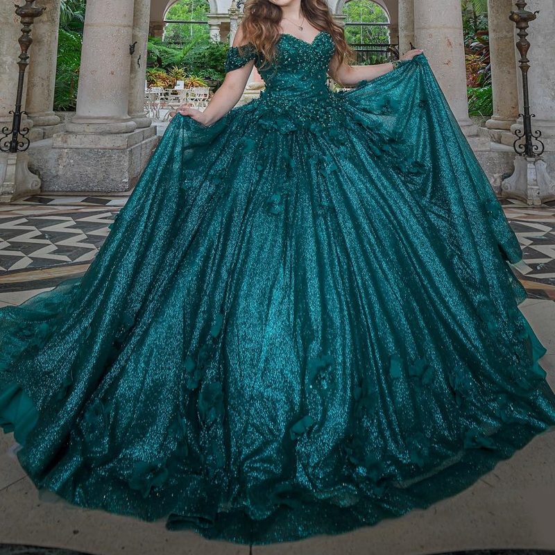 Blackish Green Quinceanera Dress Sweet 16 Dress Off The Shoulder Flower Beaded Crystal Tull Birthday Party Dress vestidos de 15 anos