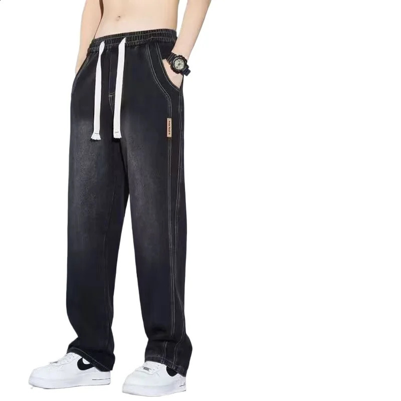 2024 Mens Autumn Straight Bag Pants Cotton Black Wide Leg Jeans Retro Y2k Mens Trousers Street Clothing Black 240815