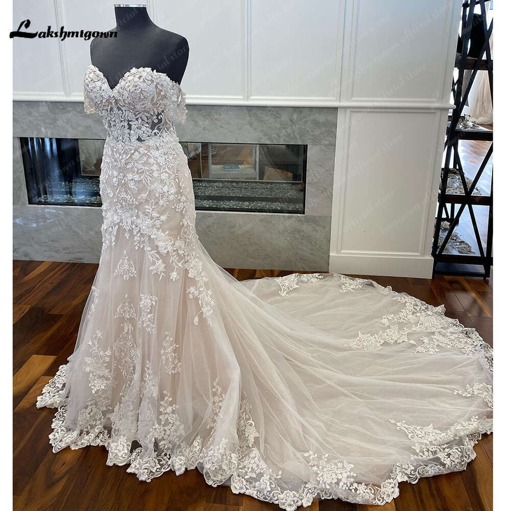 Light Champagne Off The Shoulder Mermaid Dress Lace Appliques Tulle Bridal Wedding Gowns Vestido De Casamento Princesa 0228Lz