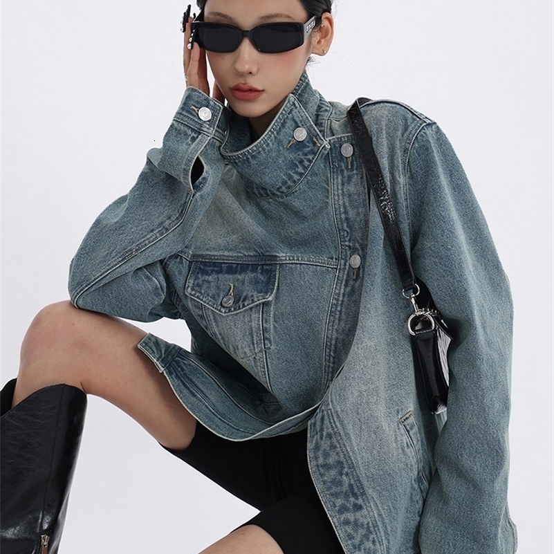 Womens Denim Coat Turtleneck Single Breasted Full Sleeve Patchwork Versatile Jacke Fashion Autumn Streetwear Overcoat y240815