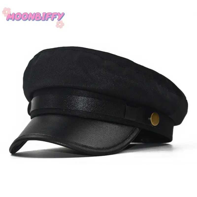 Ball Caps PU leather hat autumn sailor hat mens British style travel hat student hat captain hat flat top hat womens hat Q240815