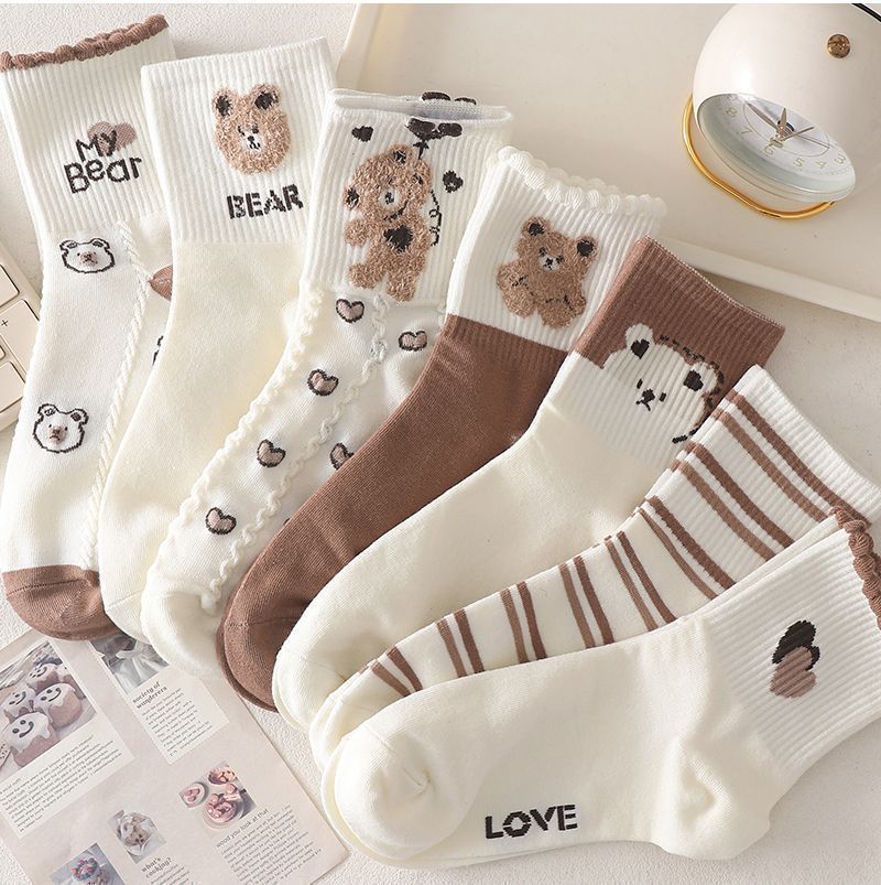 Coffee colored teddy bear socks children's mid tube ins trendy Korean version cotton socks Japanese cute student sports autumn and winter long so