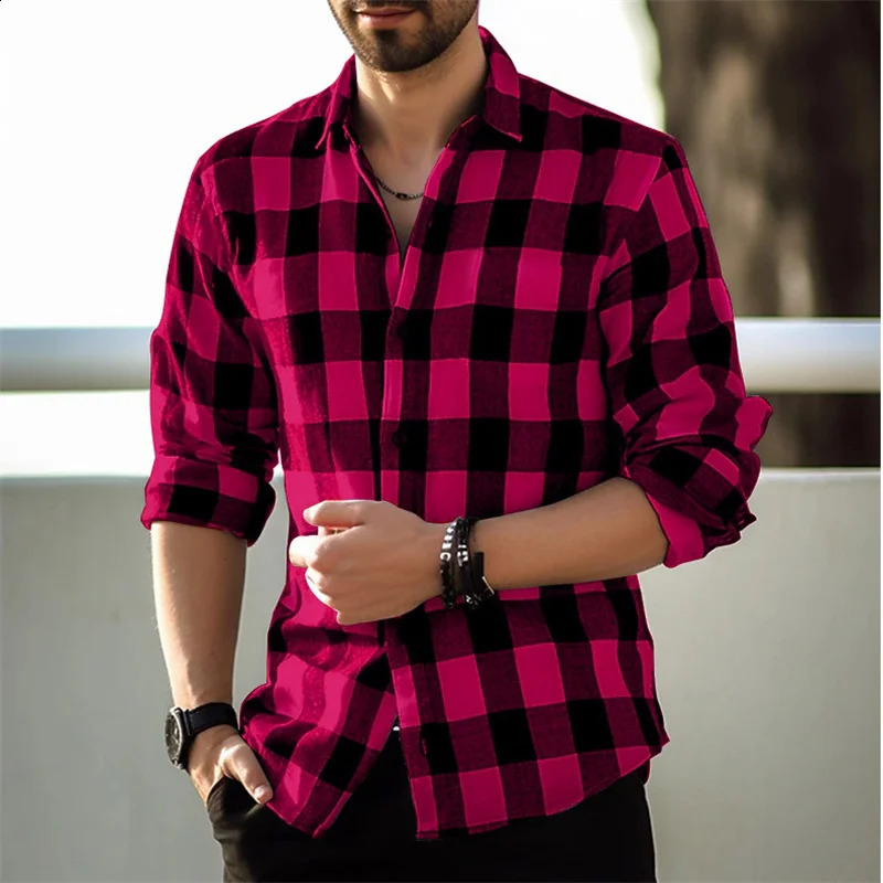 Fashion style black and white checkered shirt mens long sleeved shirt summer button up collar shirt loose casual top 240819