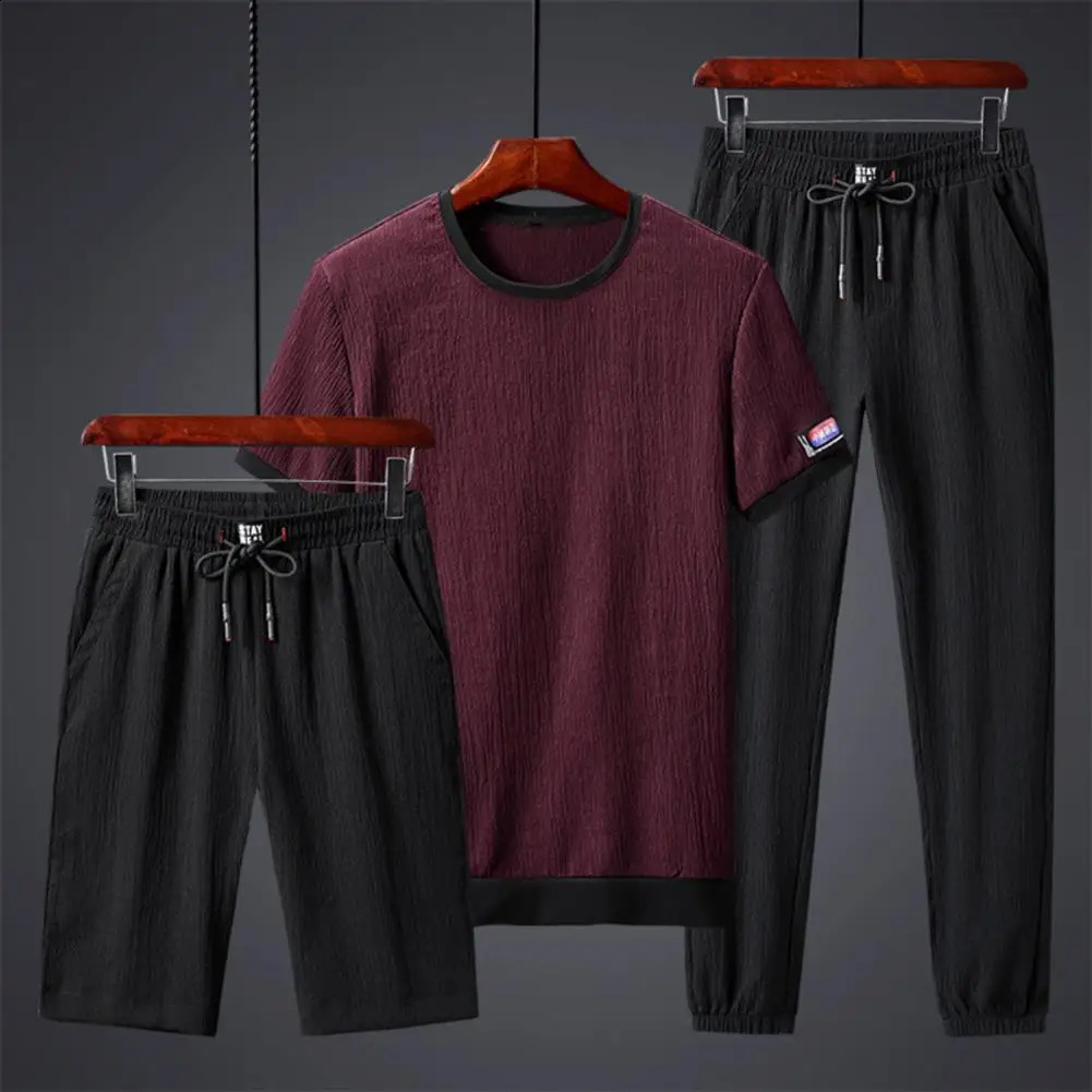 Mens 3 Piece Fashion Sports Suit Men T-shirt Shorts Trousers Ice Silk Gym Outfit Jogging Polyester Men Sportwear Set Streetwear 240821
