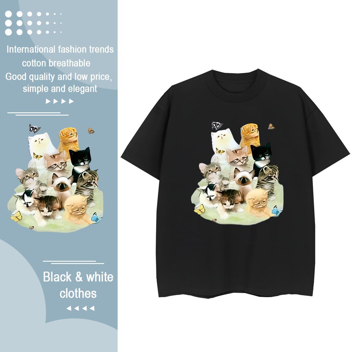 Brand Woman T Shirts Round Neck Short Sleeve 230g Cotton Women Tshirts Custom Cartoon cat Hip Hop Street Female Clothes