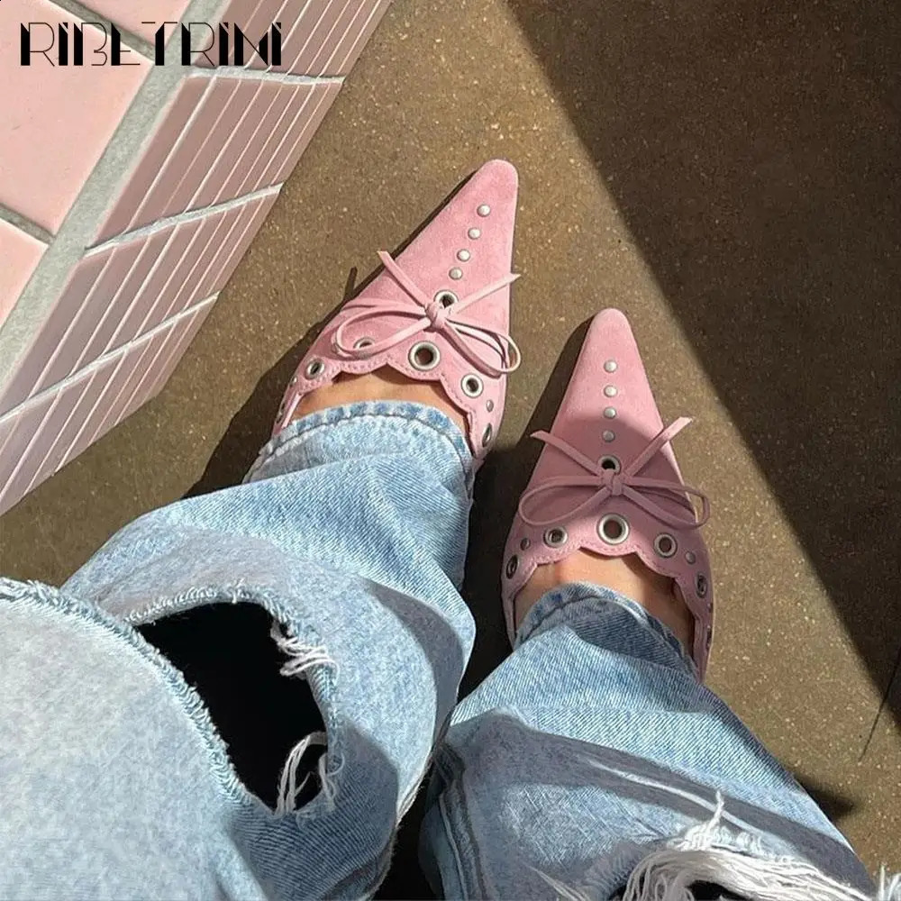 Women Bow Tie Heeled Mules Studs Pumps Pointy Kitten Heel Dress Heels Pointed Toe Dress Trendy Elegant Office Lady Shoes 2024 240809