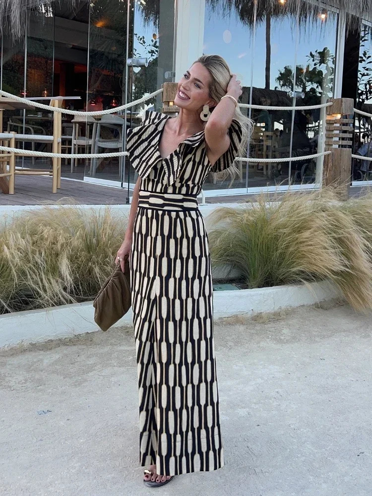 Women Fahsion Print V Neck Flying Sleeves Top Suit Female Fashion High Waist Aline Skirt 2024 Summer Lady Street Outfits 240816