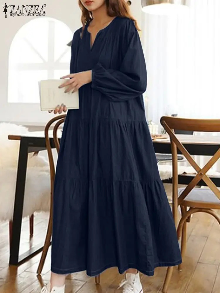 Oversized Women Denim Long Dresses ZANZEA Fashion V-neck Solid Robes Korean Fashion Long Sleeve Vestidos Casual Autumn Dresses 240816
