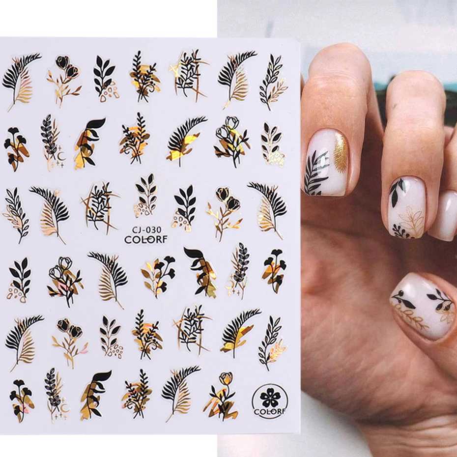 1Pcs Black Gold Leaves Nails Art Sticker Holographic Floral Laser Slices Nail Foils Decals Tips Manicure Decorations LYCJ028-036XJ250120
