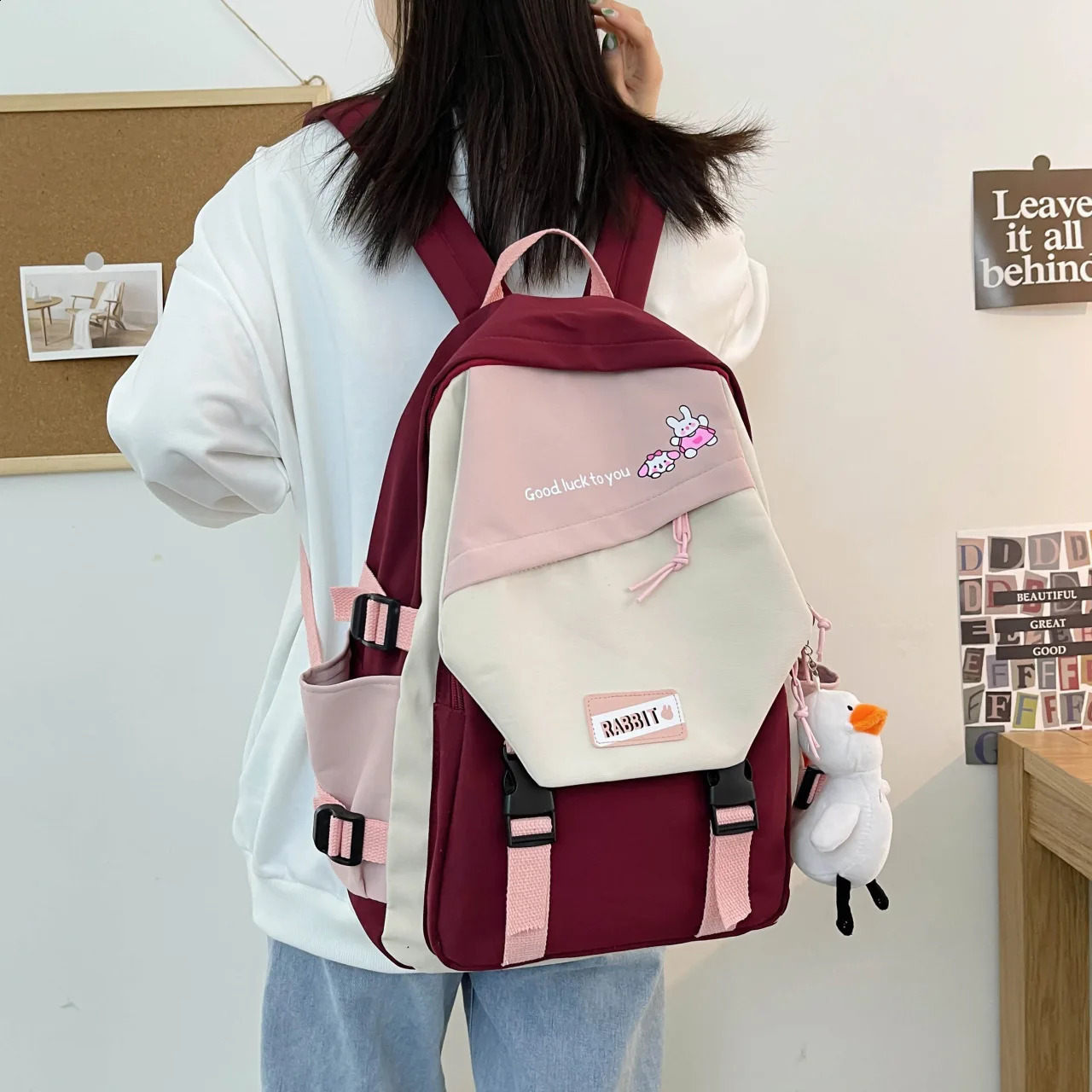 School bag womens Korean style simple high school student trend fashion school bag backpack trend gift duck pendant 240816
