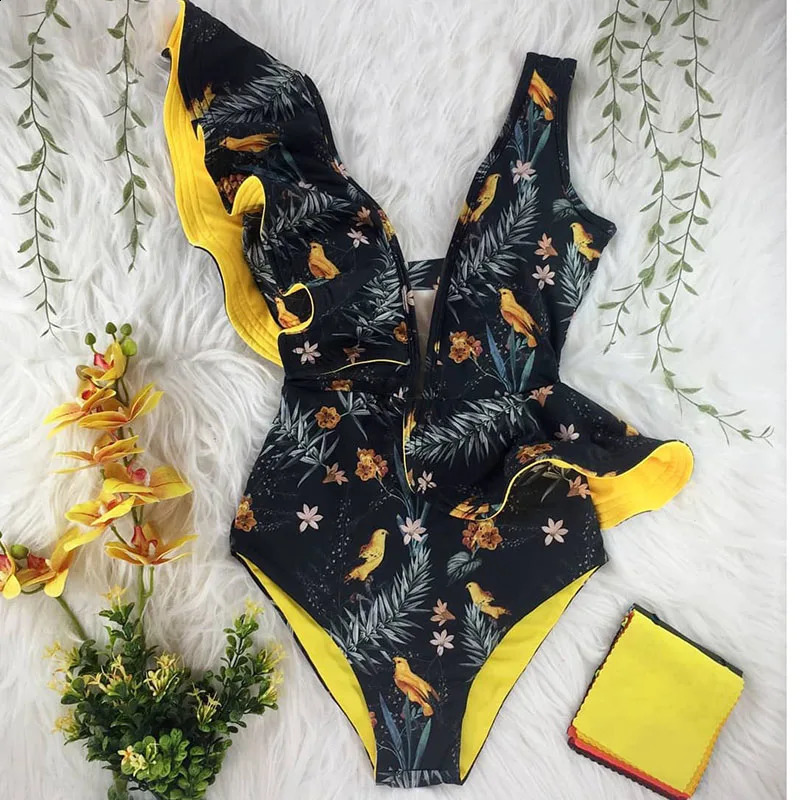 Womens swimsuit pleated onepiece sexy deep Vneck Monokini printed flower push up womens beach wear 240815