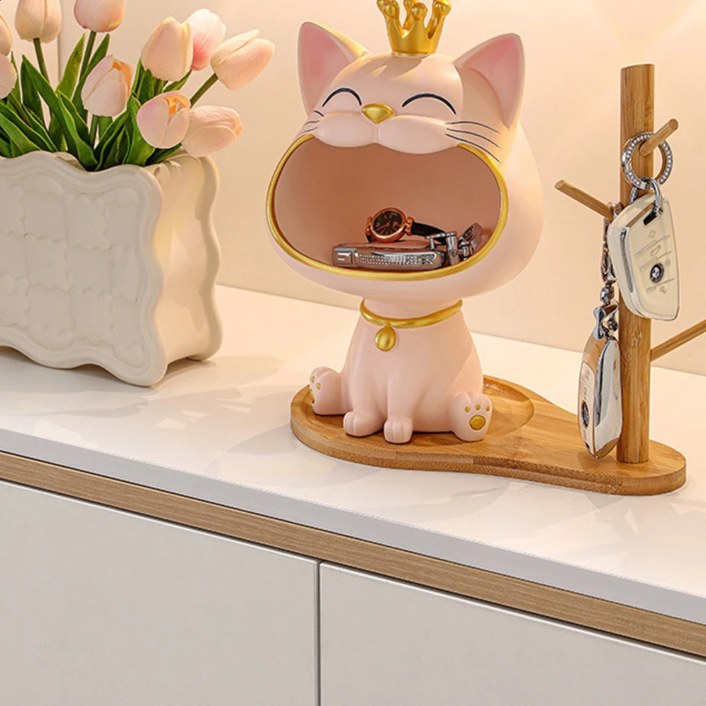 Lucky Cat Statue Fortune Crown Big Mouth Cat Statue Entrance Key Storage Tray Housewarming Gift Sculpture Decorative 240816