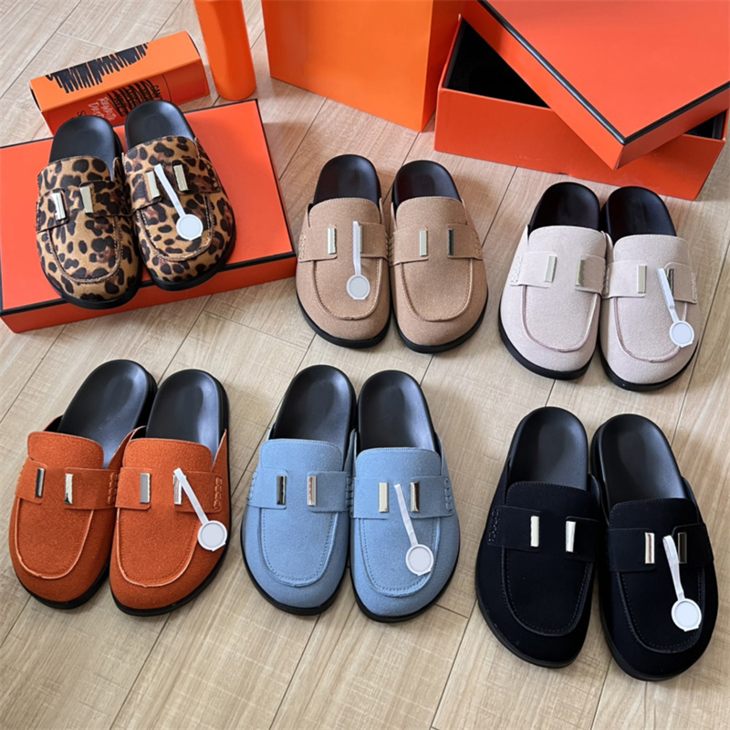 Luxury womens designer slippers Leoprad Pink Khaki Blue Orange Black Go Mule Lambskin Suede Slides Slipper women casual sandals Scuffs slide ladies fashion sandal