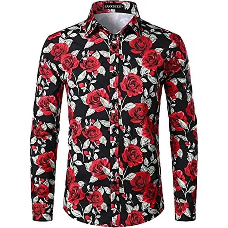 Mens Shirts Long Sleeve 3D Flowers Print Lapel Button Summer Clothes For Men Up Top Prom Birthday Fashion Boyfriend Shirts 240816