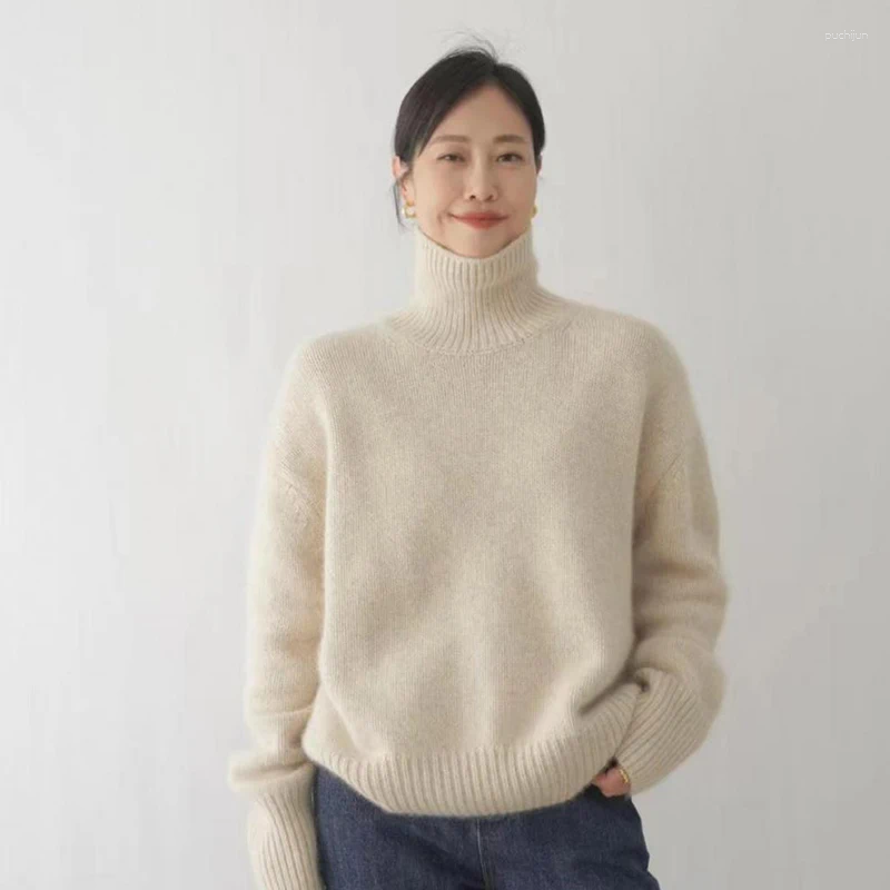 Women's Sweaters Cashmere Knitted Sweater For Women Elegant High Collar Turtle Neck Loose Thicken Warm Solid Color Knitwear Jumper